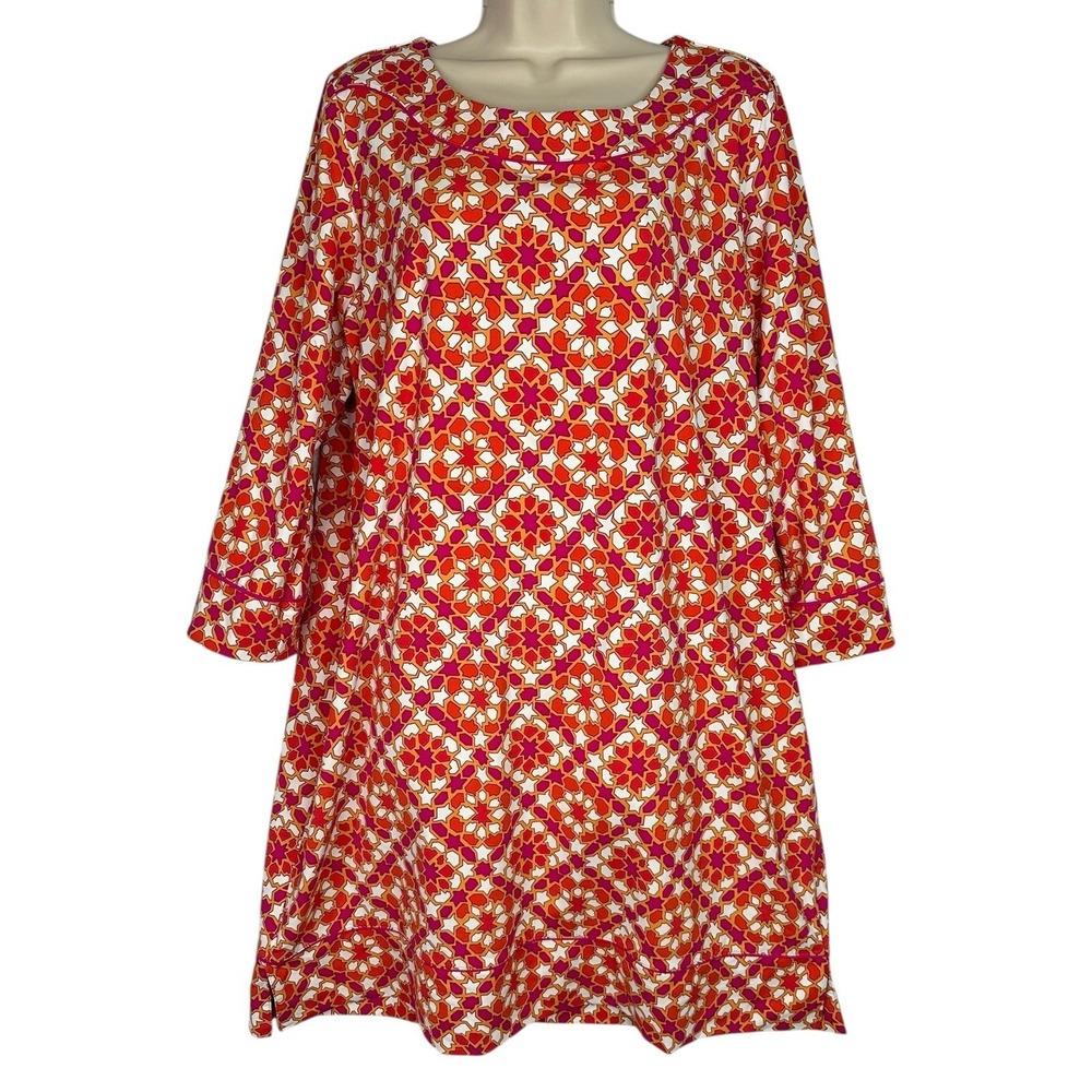 Lands' End Shift Dress XL 18 Orange Pink Geometric Print Stretch Knit 3/4 Sleeve
